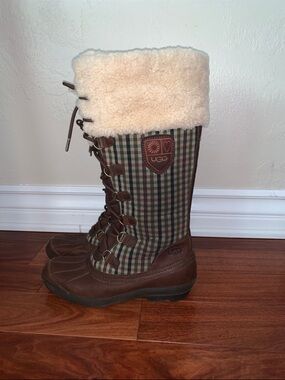UGG Plaid Lace-Up Tall Boot with Shearling Cuff - Brown/Cream
